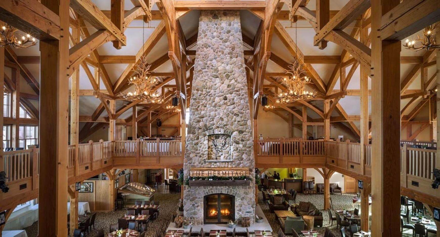 large fireplace centerpiece in hotel lobby