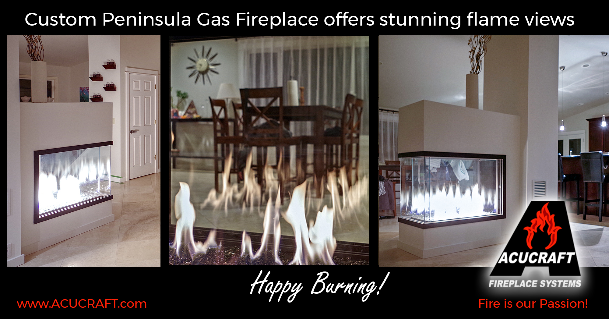 Custom Peninsula Gas Fireplace offers stunning flame views