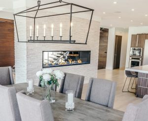 linear see through gas fireplace in modern new construction home