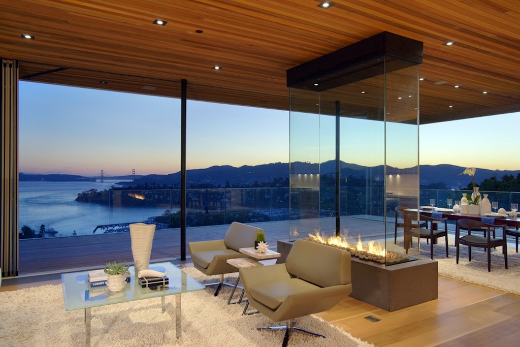 four sided gas fireplace overlooking san francisco bay