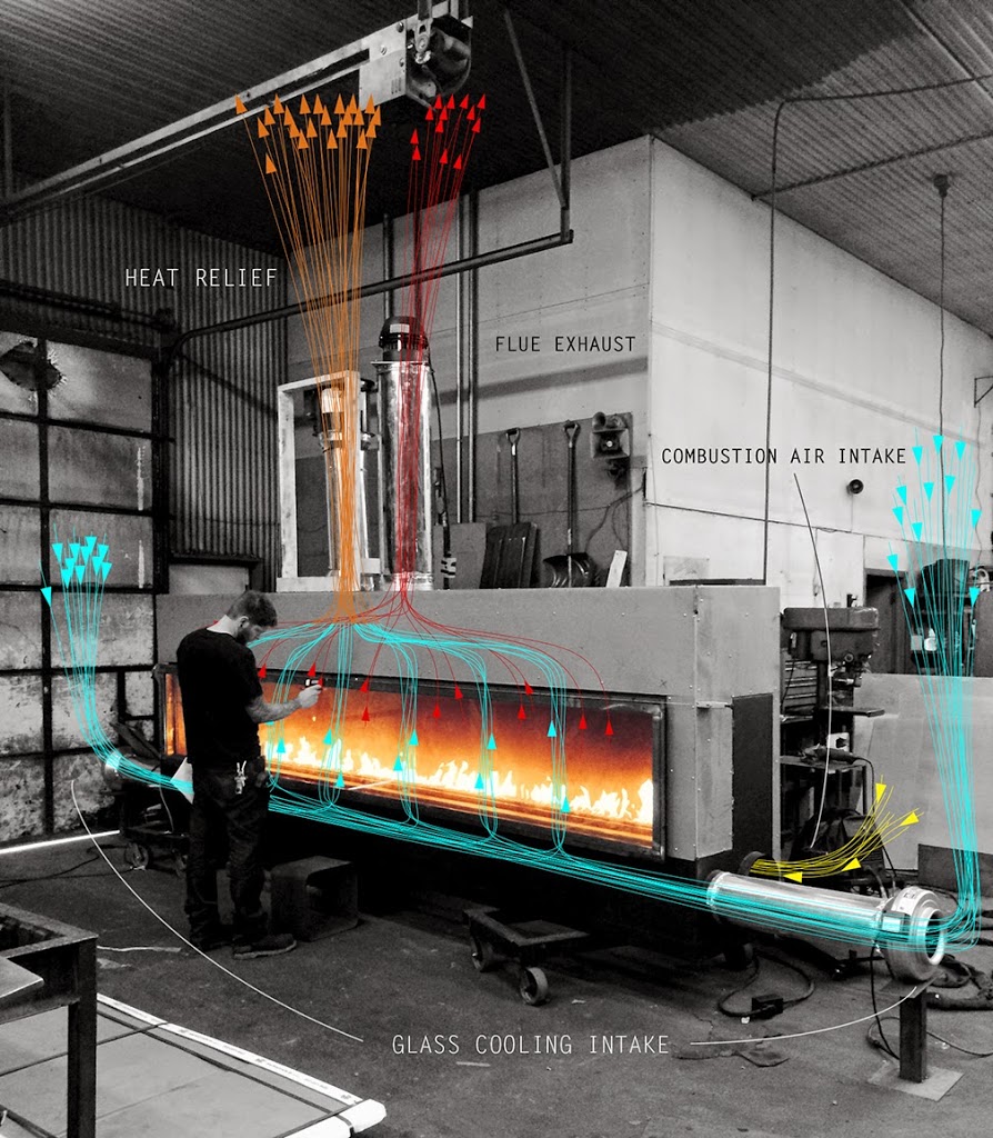 Diagram and fireplace testing of glass cooling system