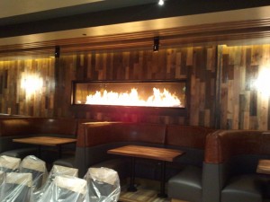 Linear Gas Fireplace in Wood Panel Wall