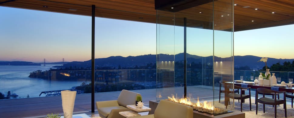 four sided glass fireplace overlooking san francisco bay
