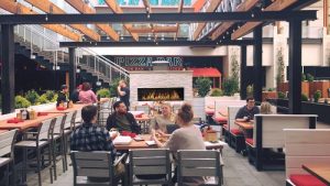 custom outdoor gas fireplace at restaurant