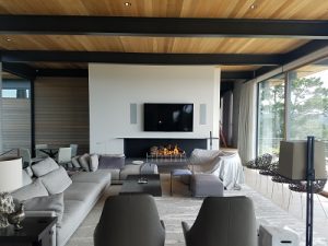 acucraft 3 sided custom open no glass wood fireplace in modern residence