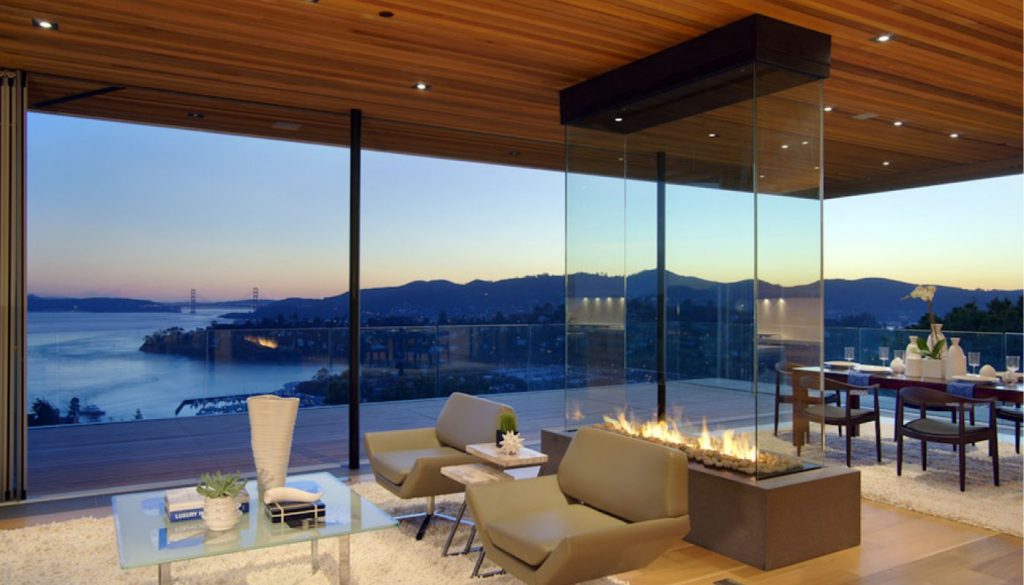 four sided gas fireplace overlooking san francisco bay
