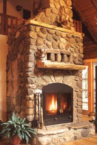 great room high tech wood burning fireplace with masonry finish