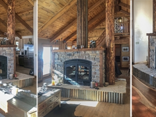 see through wood burning fireplace inside 1800s mining cabin