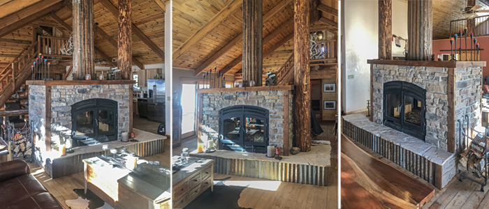 see through wood burning fireplace inside 1800s mining cabin