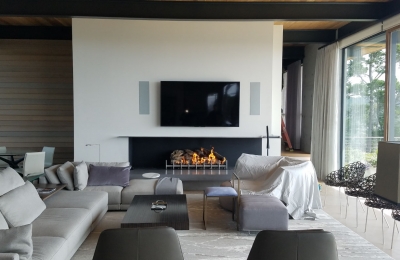 linear gas fireplace with log set and open right view