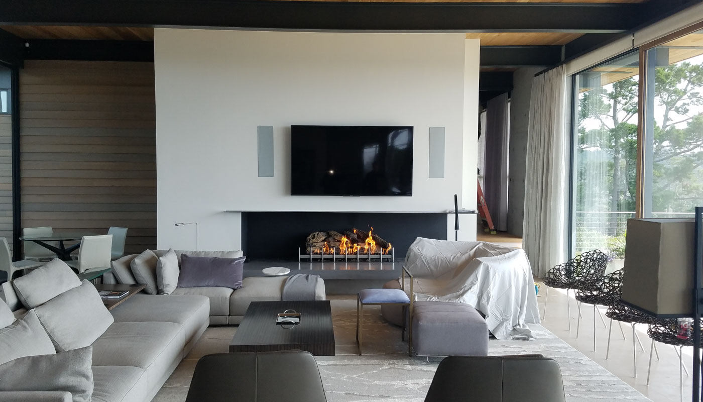 linear gas fireplace with log set and open right view