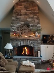 unity single sided wood burning fireplace with open doors in living room