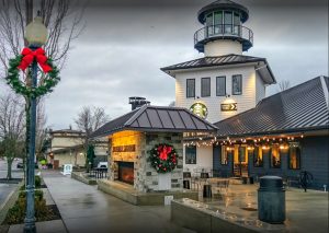 Acucraft custom outdoor see through gas fireplace at Skye Hill Station and Starbucks