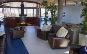 circular gas fireplace in sunken lounge at Google headquarters