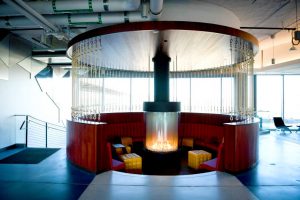 circular gas fireplace at Google headquarters in sunken lounge