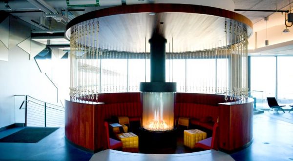 Google Fireplace Designed with C Decor for Colorado State Flag circular gas fireplace at Google headquarters in sunken lounge