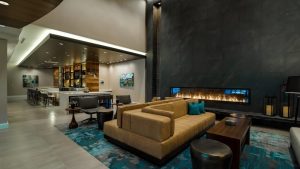 long linear gas fireplace in marriott hotel lobby