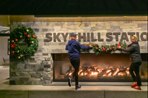 see through gas fireplace with logs at starbucks in blaine washington patio