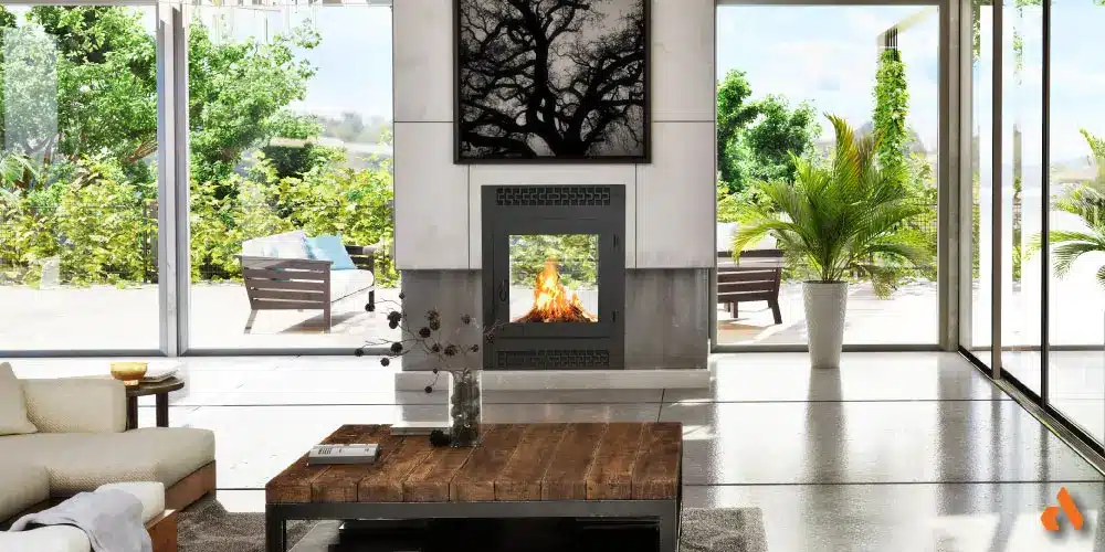 an image of a contemporary wood burning fireplace with inside and outside views in a modern transitional home