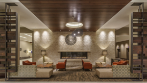 linear gas fireplace in hyatt regency hotel lobby