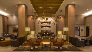 two linear stacked gas fireplace at grand hyatt bar