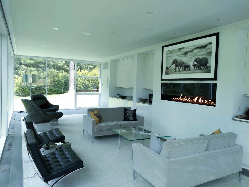 Contemporary living room with large windows and a custom single-sided linear gas fireplace beneath a framed photo of elephants.