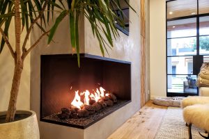 Acucraft Custom Linear Open Gas Fireplace with Left Viewing Area Glass Media & XL Lava Rocks (1) Acucraft Custom Linear Open Gas Fireplace with Left Viewing Area Glass Media & XL Lava Rocks (1)