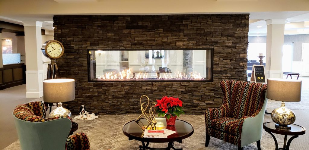 Acucraft Custom Linear See Through Gas Fireplace with Reflective Glass Media and Black Frame (4)