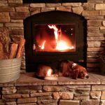 single sided wood fireplace with sleeping dog in living room