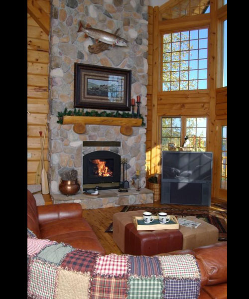 single sided wood burning fireplace in living room