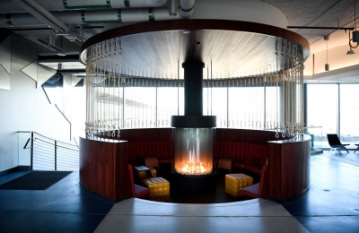 circular gas fireplace in sunken lounge