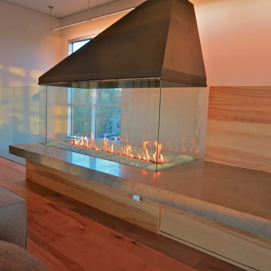 four sided glass fireplace