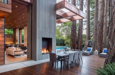 open outdoor gas fireplace with logs