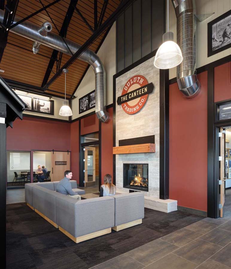 A see-through fireplace at a Duluth Trading sitting area 