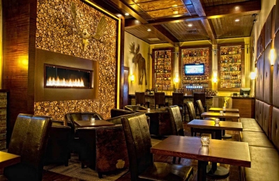 linear gas single sided fireplace at restaurant and bar