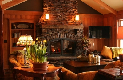single sided wood burning fireplace in living room