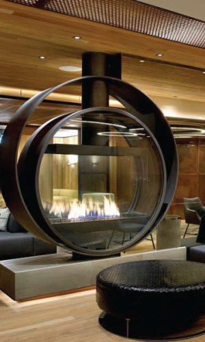 large gas fireplace in kimpton hotel lobby