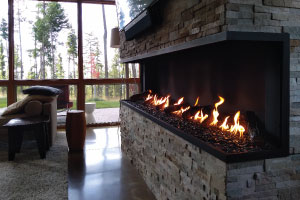 panoramic open indoor gas fireplace