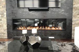 single sided linear fireplace in modern living room
