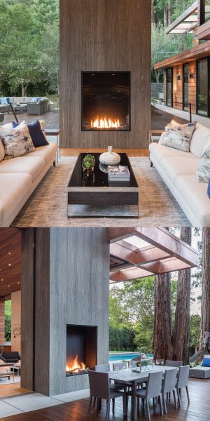 back to back outdoor gas fireplaces in modern home