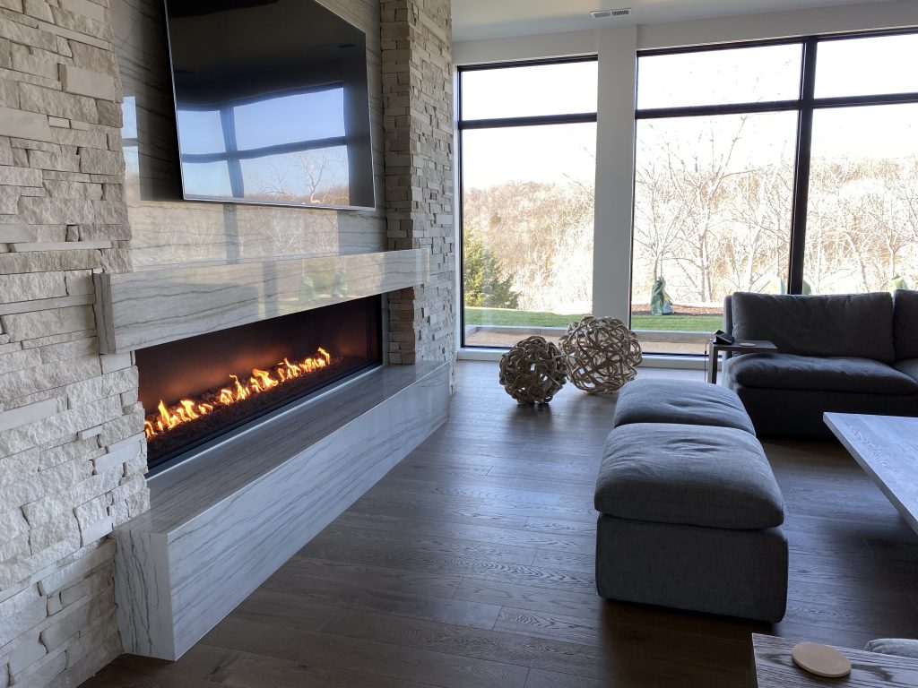 linear fireplace with open viewing area