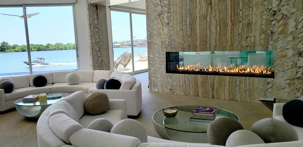 linear see through gas fireplace in modern living room