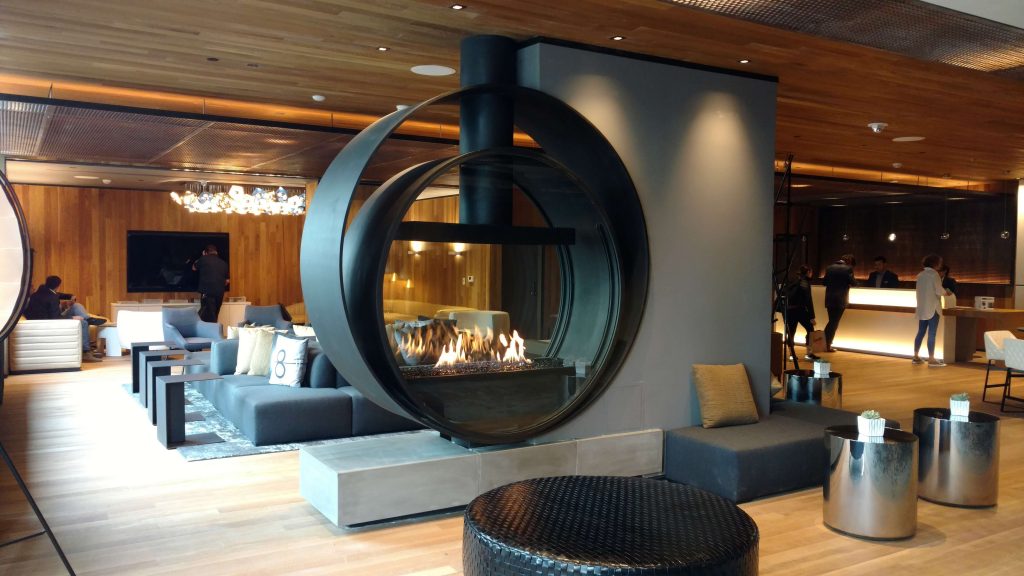 Acucraft Custom Gas Circular Fireplace in hotel lobby entrance