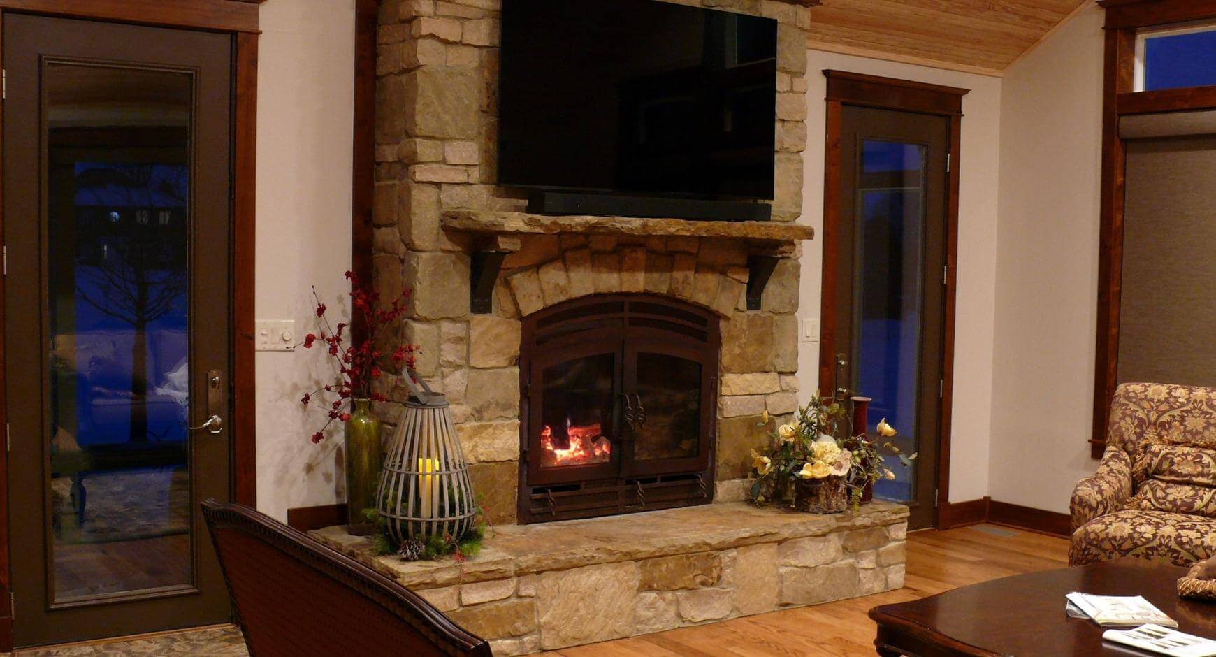 indoor outdoor stone fireplace