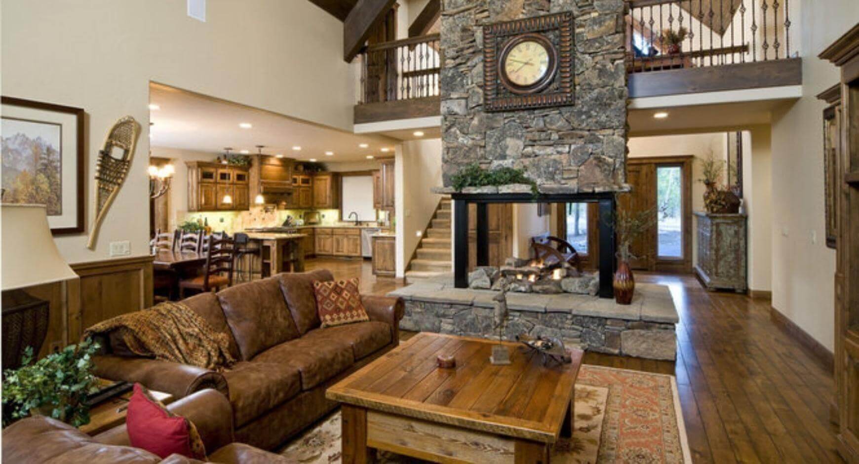 four sided fireplace in living room and kitchen