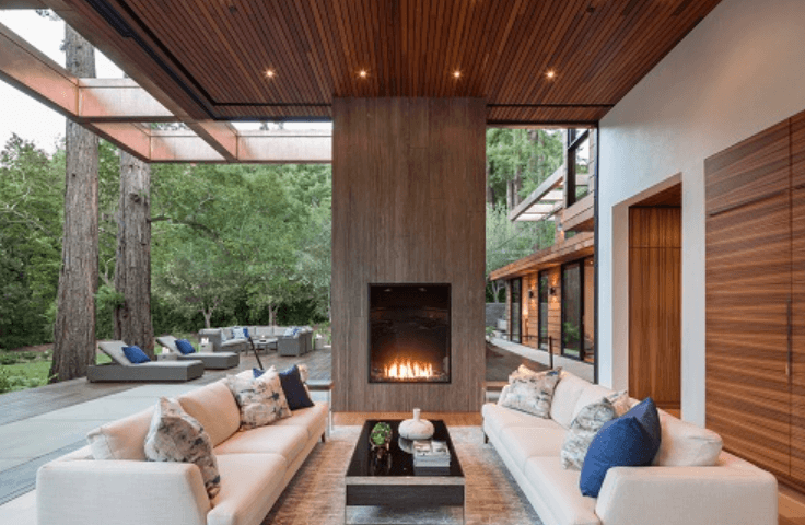 Front facing gas fireplace in a large open space