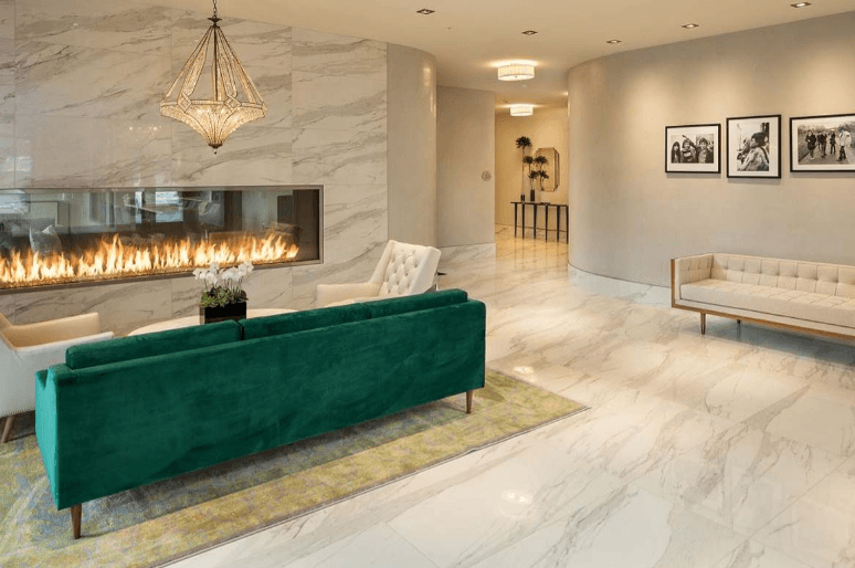 vintage interior design with marble floors and a linear fireplace