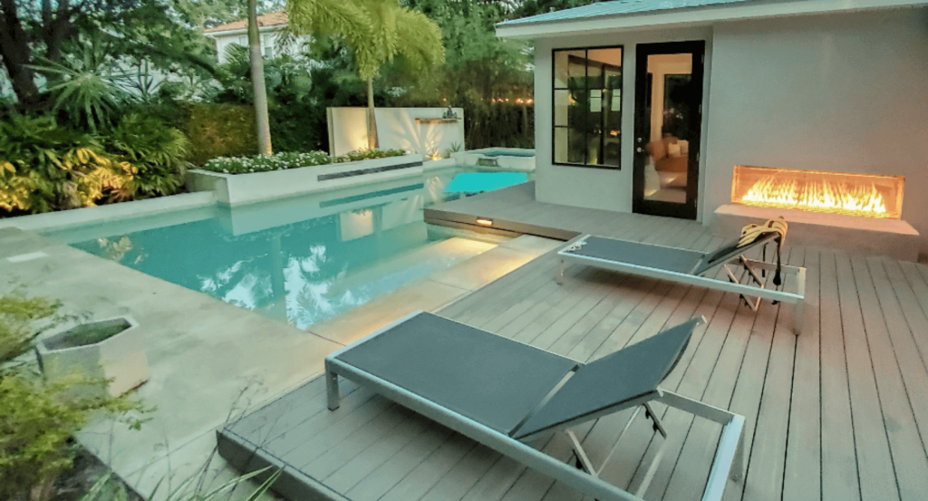 poolside see through fireplace