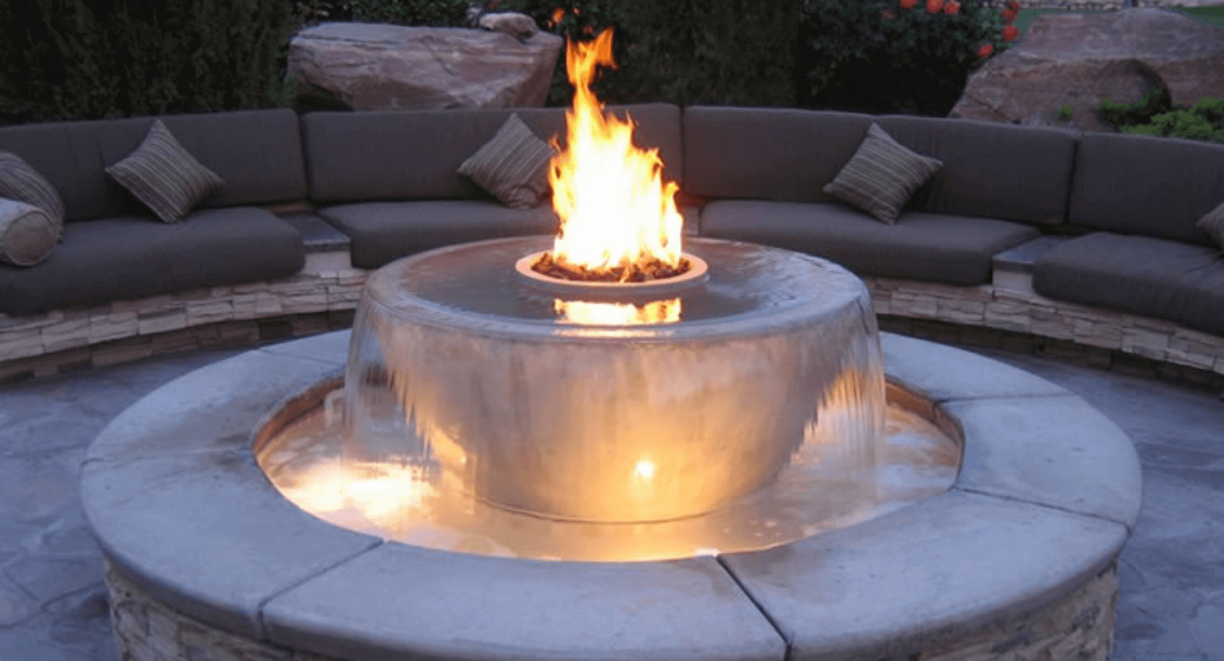 circular gas fire and water feature