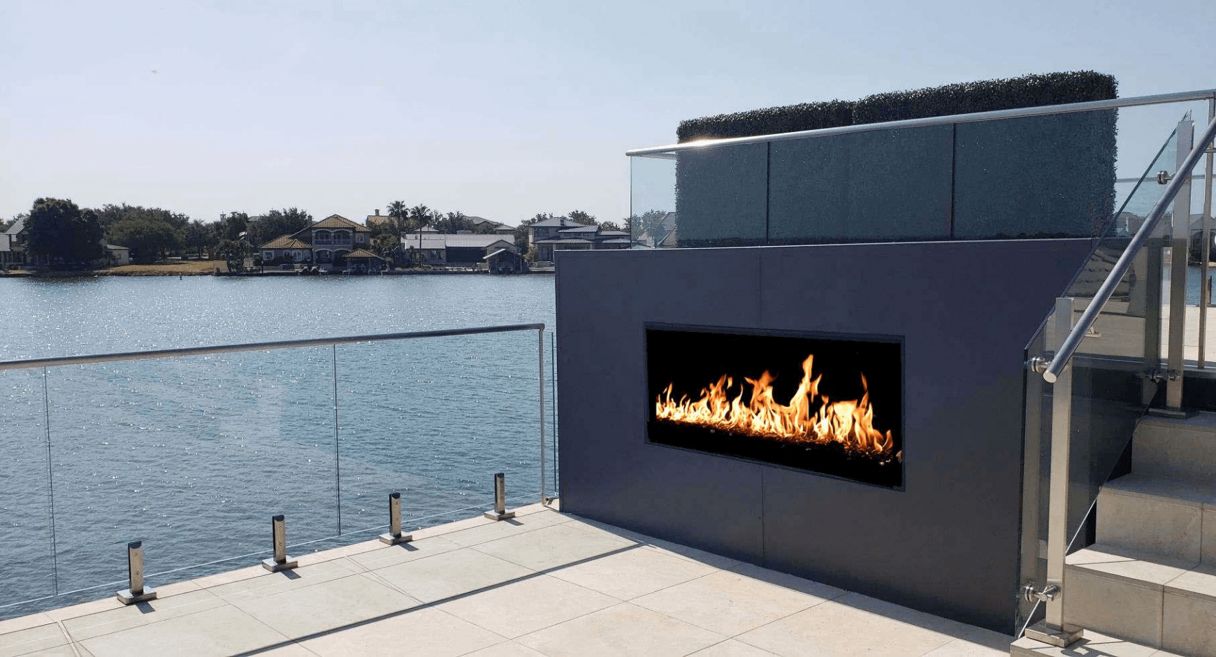 Sleek and Elegant Outdoor Corner Fireplace Idea